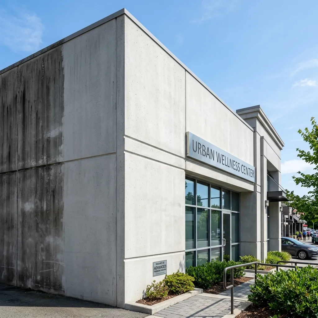A single concrete façade, half still stained dark grey and half cleaned back to its original pale finish