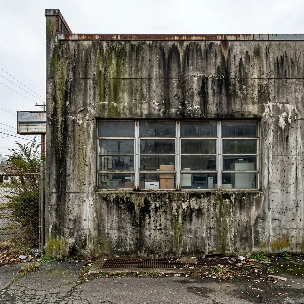 Neglected concrete building with heavy water staining and moss