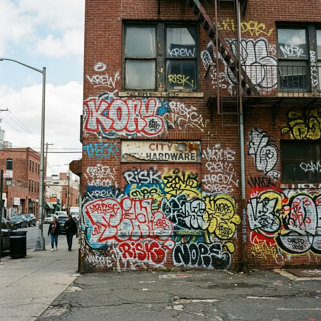 Brick corner store covered in layered spray-paint tags