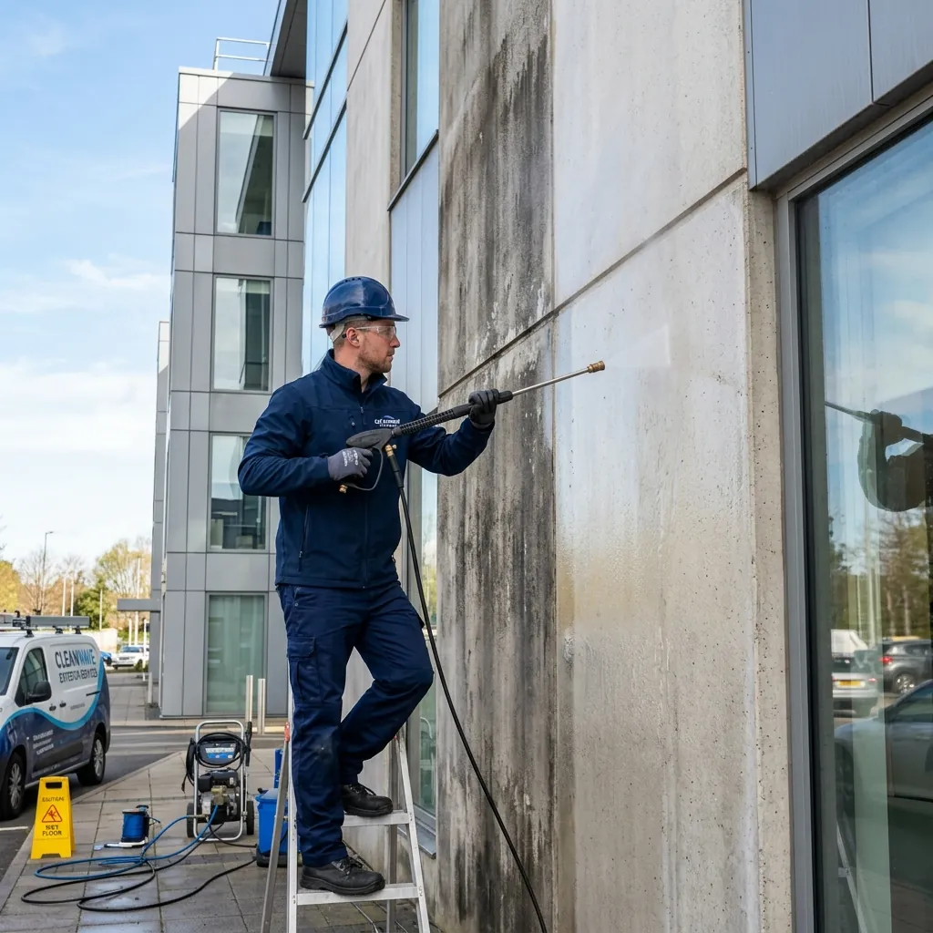 Technician soft-washing years of black staining from a concrete panel façade