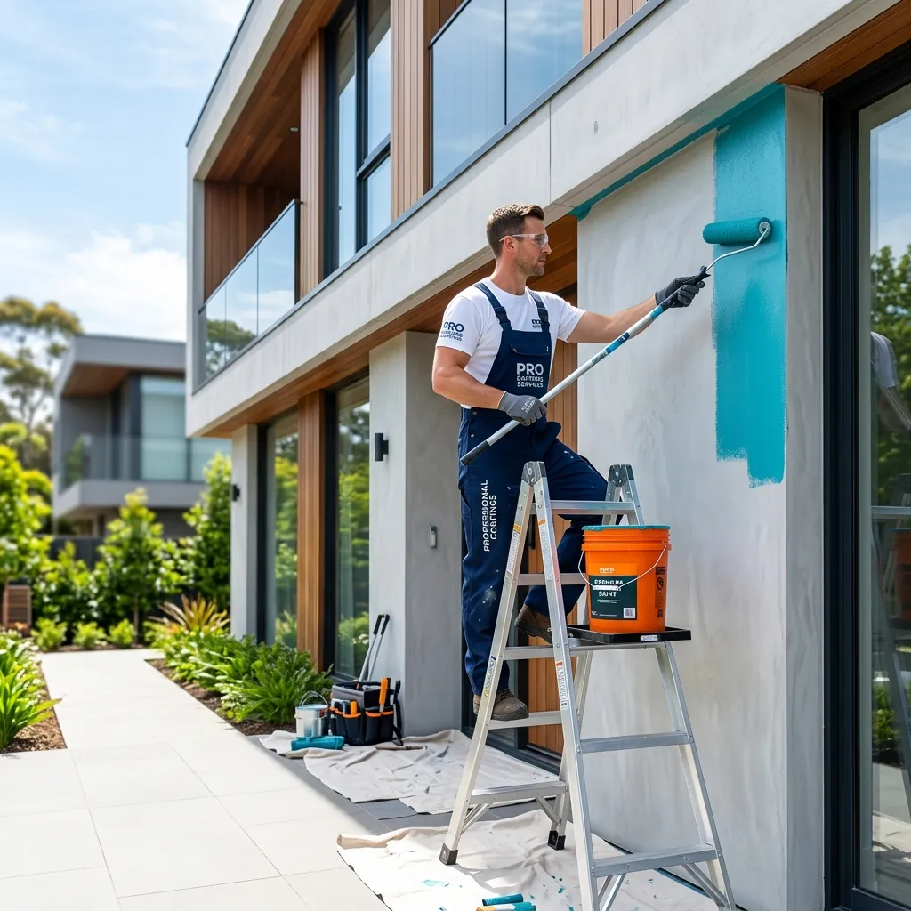 Painter rolling fresh colour onto a modern rendered exterior wall